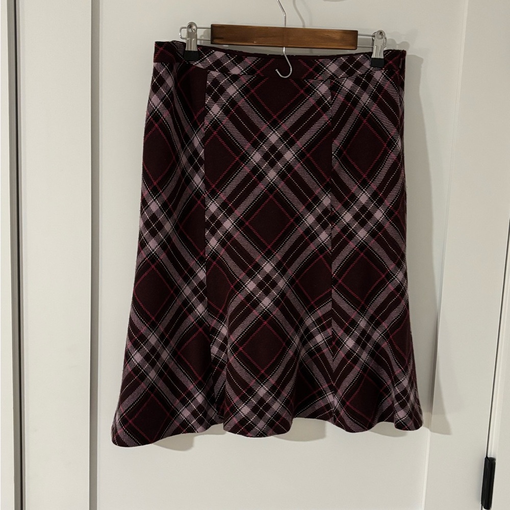 LOFT Burgundy and Pink Plaid A-Line Skirt